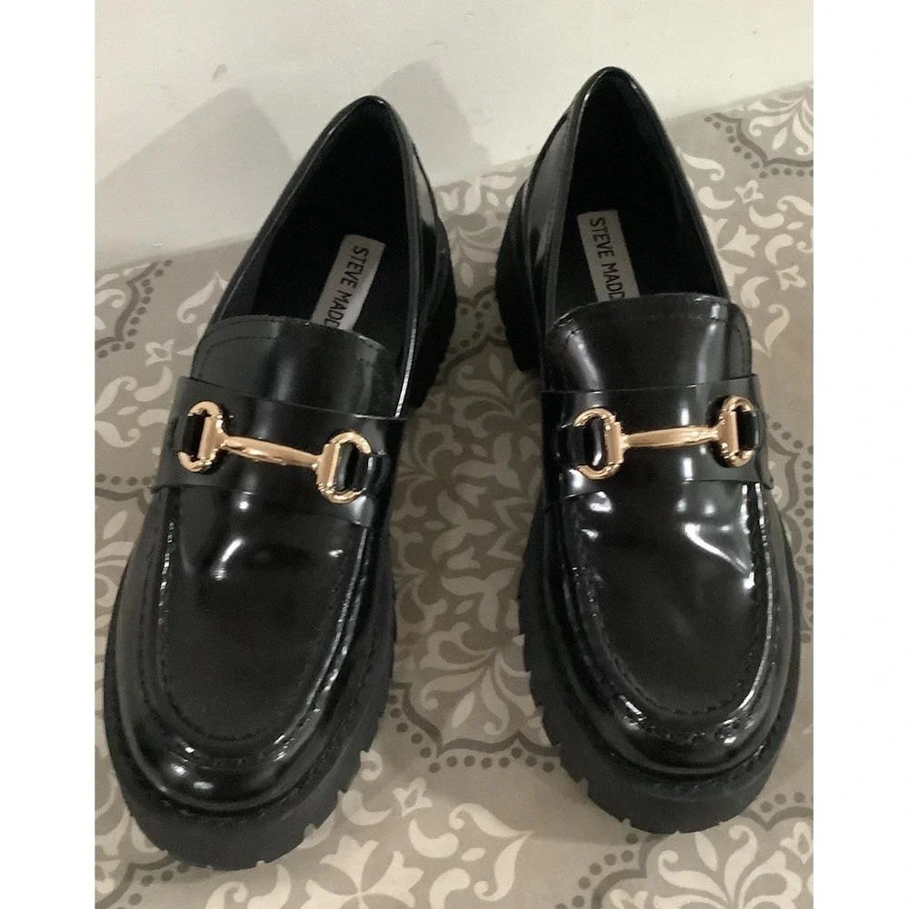 Steve Madden Lando Mens 6.5 M Black Patent Leather Chunky Lug Horsebit Loafers
